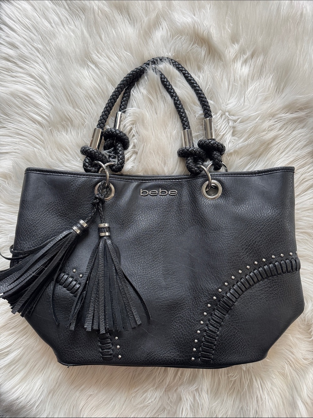 Bebe Y2K Black Purse with Tassel & Silver Hardwear Detail